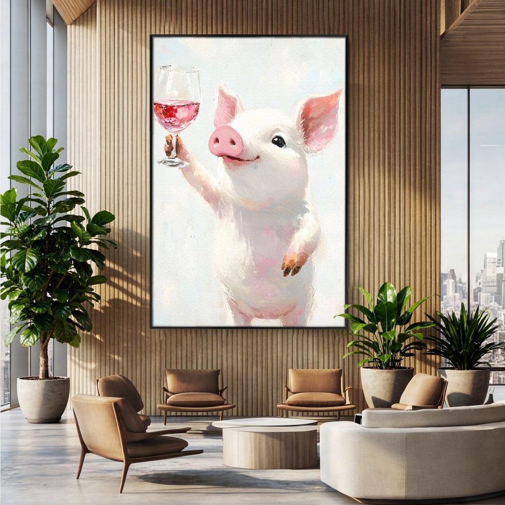 Tablou canvas cu tablou canvas cu purcelus si pahar de vin, in rama de aluminiu negru, pe perete intr-un birou